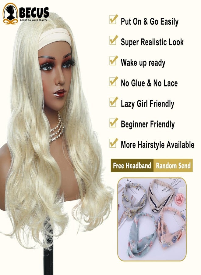 BECUS Platinum Blonde Headband Wig for Black Women Body Wavy No Glue Wear Natural Hairline Synthetic Wig for Halloween Cosplay Party 22 Inch - Image 5
